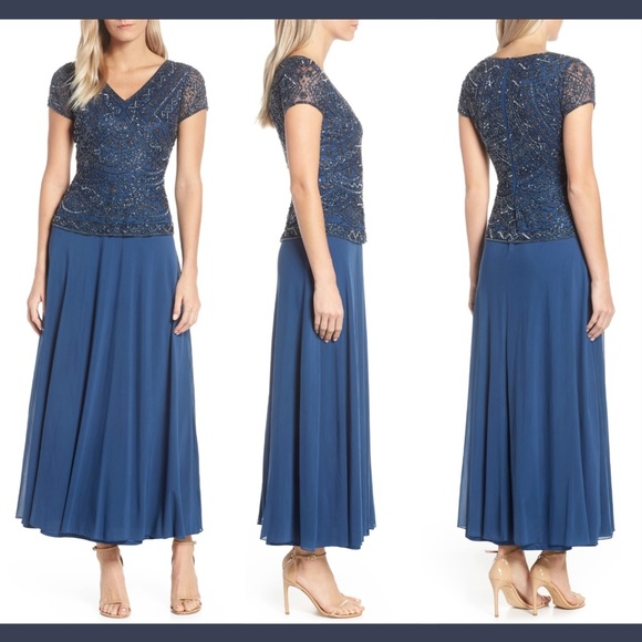 NWT‎ Pisarro Nights Beaded V-Neck Mock Gown in Blue [SZ 14 ] - Picture 1 of 10